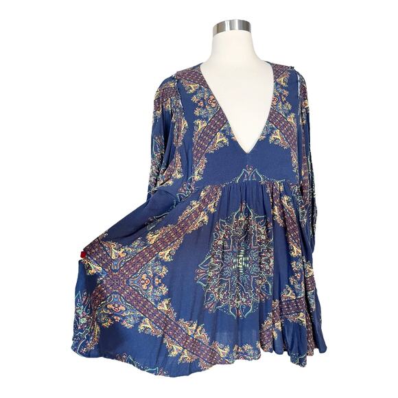 FREE PEOPLE Girl Talk Hi-Low Tunic Dress Midnight 3/4 Balloon Sleeve Medium EUC - Picture 6 of 9